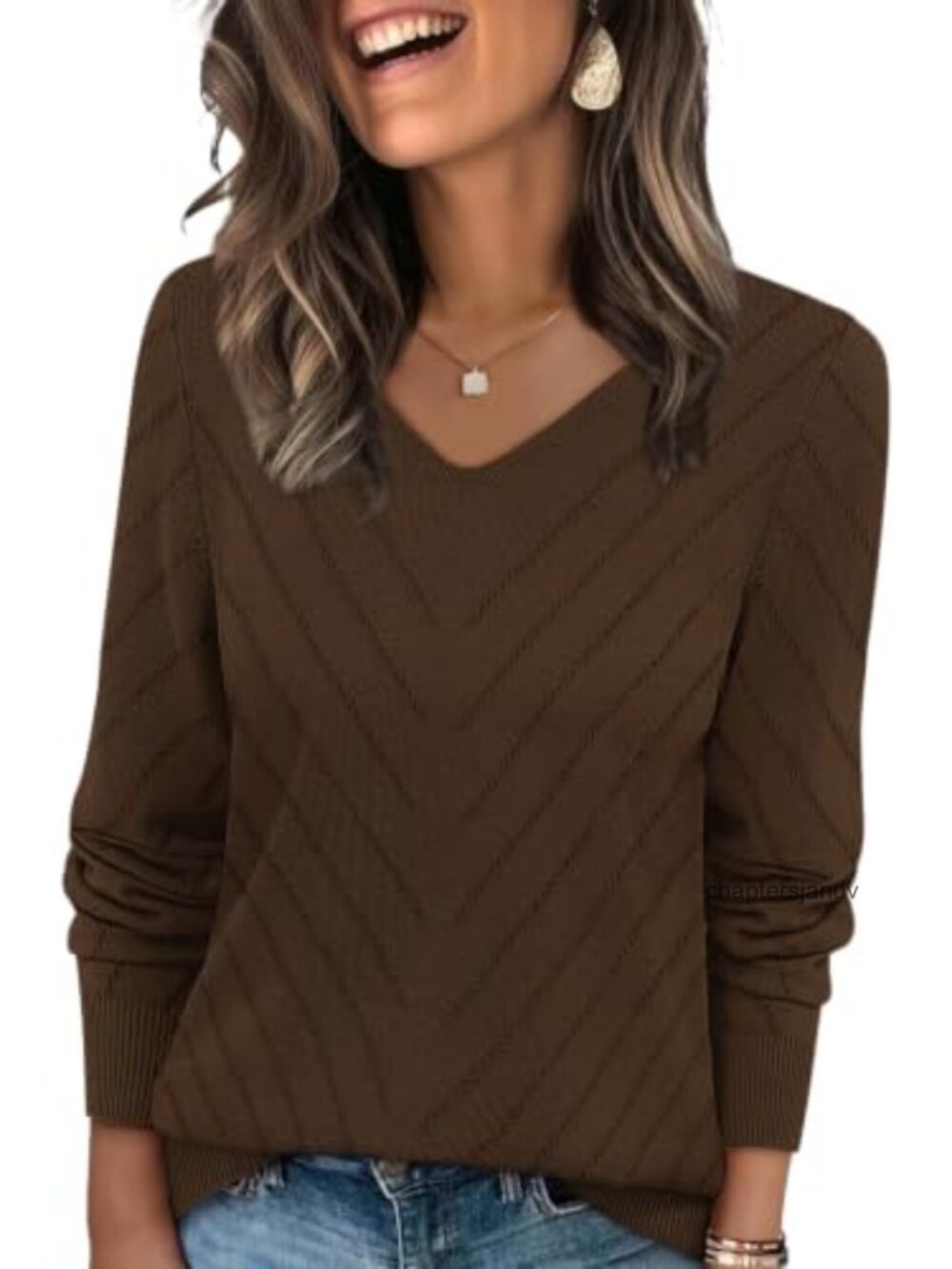 Womens V Neck Crochet Knit Long Sleeve Pullover Sweater Lightweight Casual Top